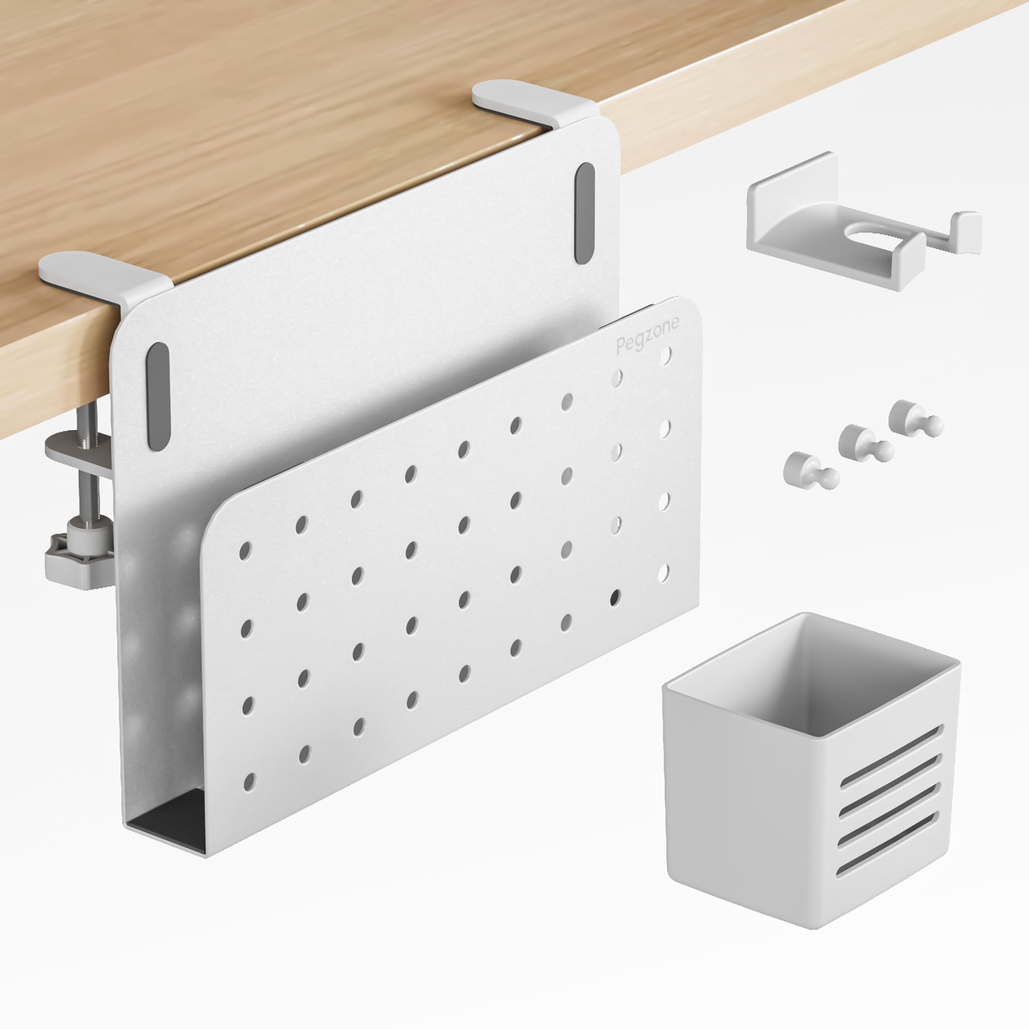 PEGZONE Schreibtisch Seitenaufbewahrung, Untertisch Laptop Halterung Aufbewahrung, Bohrfreier Laptop-Halter, Hängende Laptop-Halterung, Passt für flache Kanten von 1 cm bis 5,6 cm, Weiß