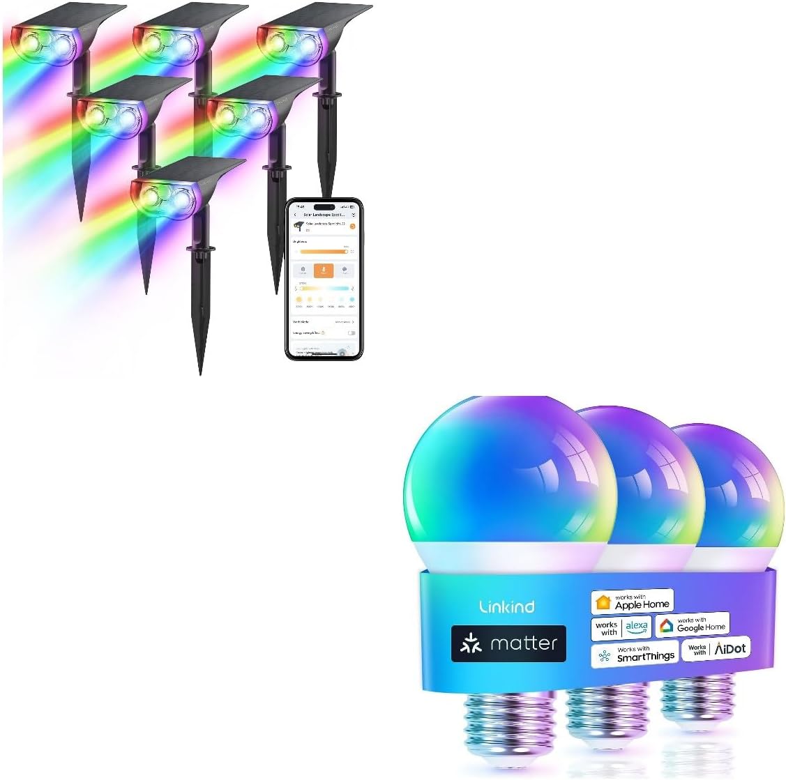 Smart Solar Lights for Outside, Chrismas Decoration, 2-in-1 RGBTW Outdoor Landscape Lighting Matter WiFi Smart Light Bulbs Work with Apple Home, Siri, Google Home, Alexa, SmartThing
