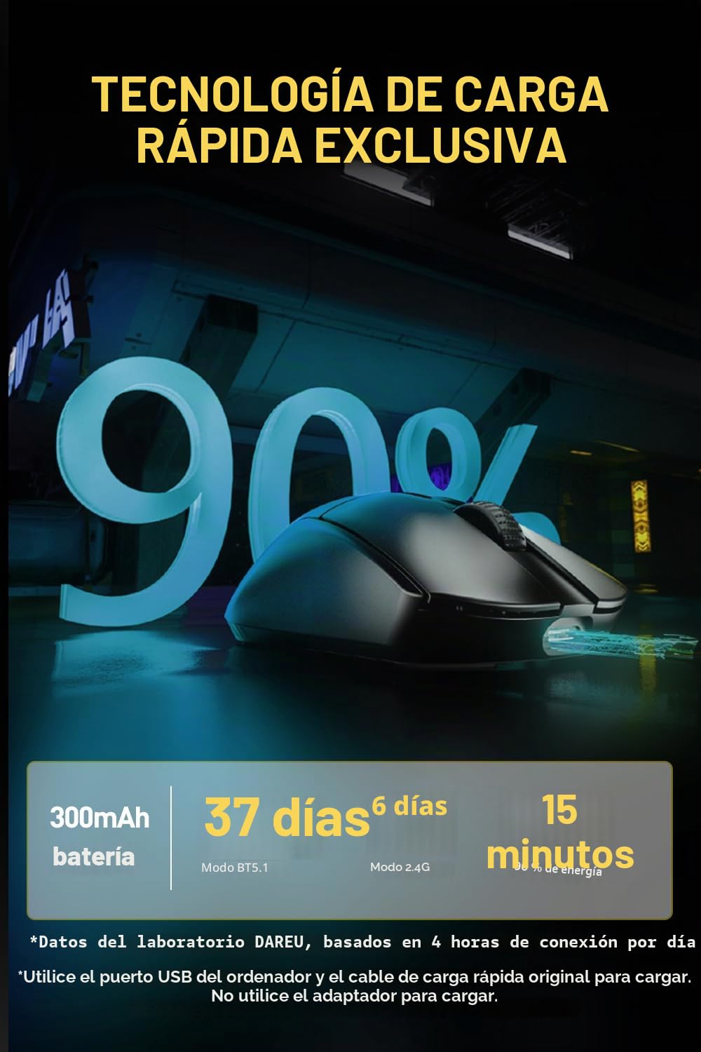 DAREU A950pro Raton inalambrico Gaming 4K 55 g, Ultraligero, tasa de sondeo de 4 KHz, Sensor óptico PAW3395, 26K dpi, 5 Botones programables, soporta Carga rápida de 15 Minutos y conexión de