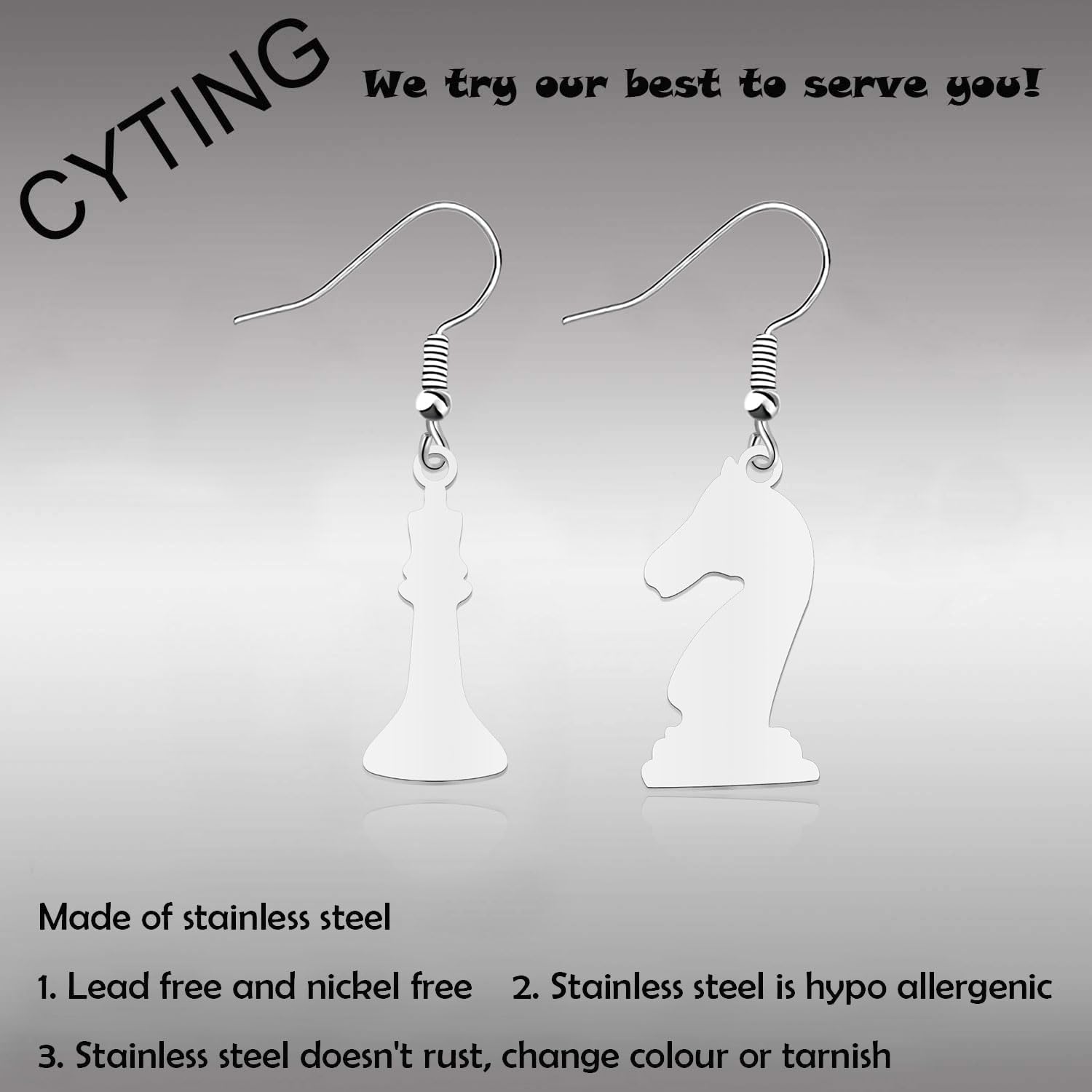 CYTING Chess Game Lover Gift Chess Stainless Steel Earrings Board Game Gift Chess Player Inspired jewelry