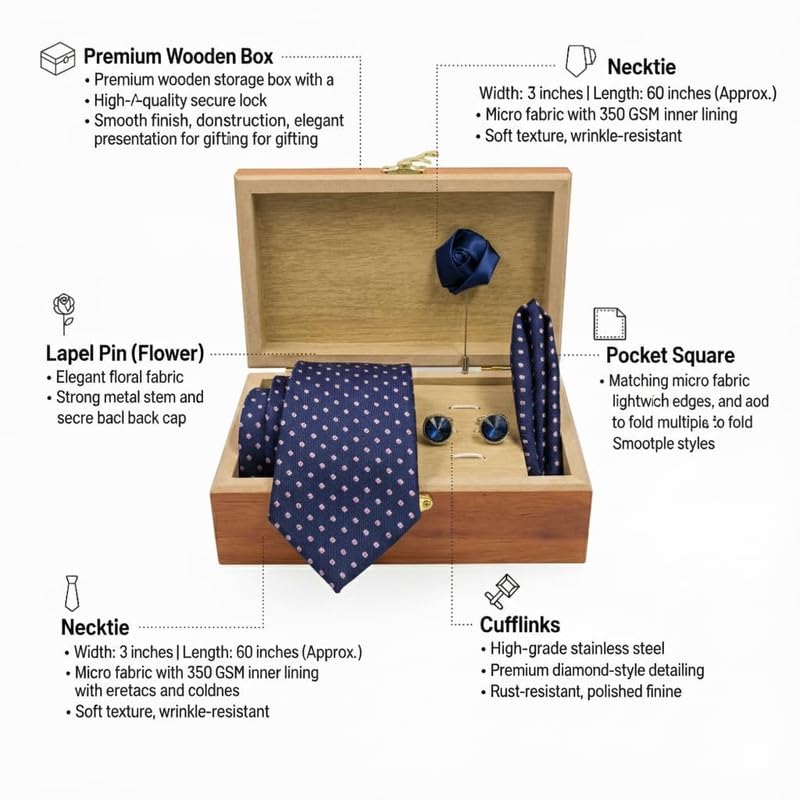 Image of Men's Necktie Gift Set with Wooden Box | Premium Tie, Pocket Square, Cufflinks & Lapel Pin | Elegant Formal Accessories Gift for Men