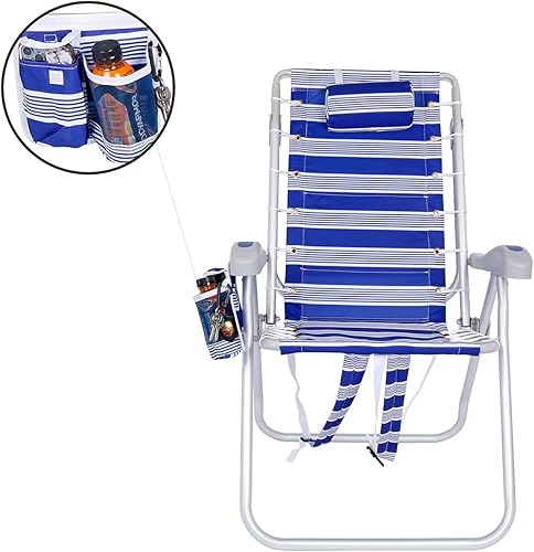 Miniatura 3 de Silla de playa plegable de aluminio de alta resistencia para adultos Coloque plana, 5 posiciones reclinables Bolsa térmica aislada extraíble y
