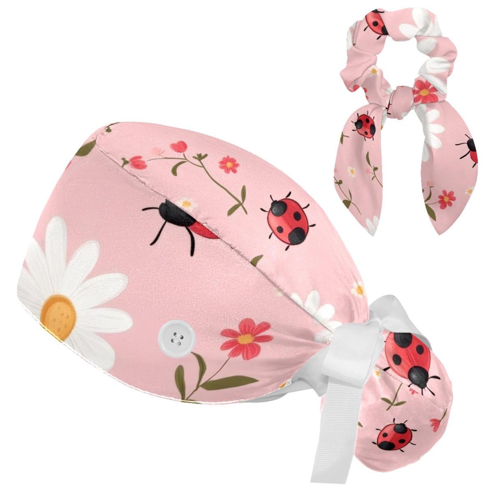 Anna Cowper Adjustable Working Cap with Button Sweatband, Ladybugs Daisies Elastic Tie Back Hats