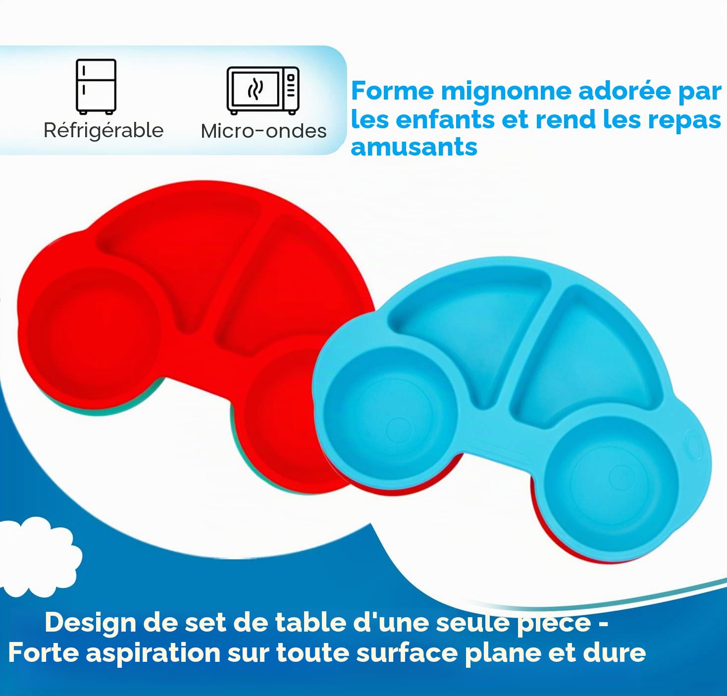 Set de table en silicone pour bébé, plaque d'alimentation antidérapante pour tout-petits Les enfants avec une forte aspiration s'adaptent à la plupart des bacs pour chaise haute (Neuve Voiture bleue)