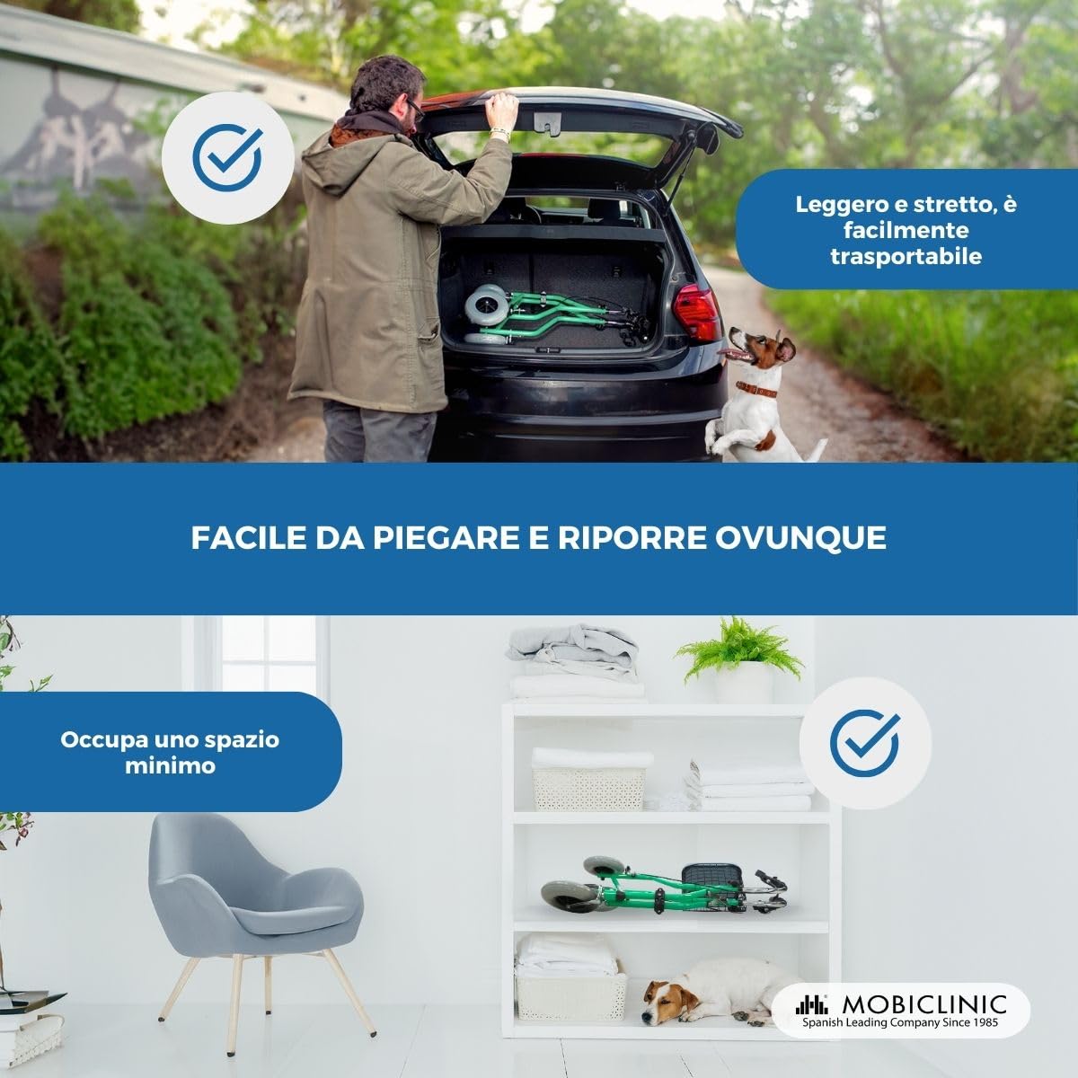 Mobiclinic®, Deambulatore per anziani, Cestino e 3 ruote, Con coperchio, Freni sulle maniglie, Altezza regolabile, Marchio spagnolo, Struttura leggera maneggevole, Piccole, Verde