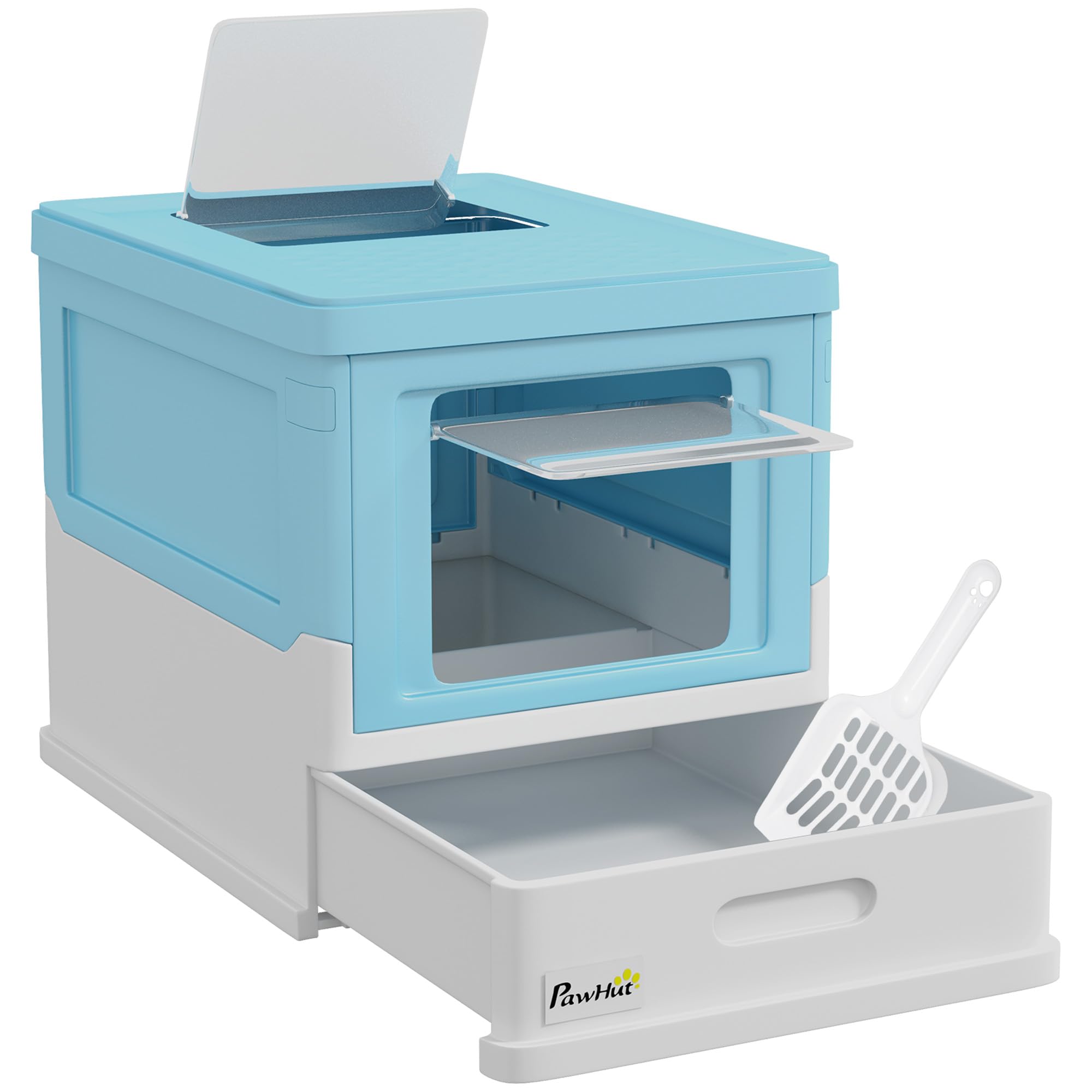 PawHut Cat Litter Box, Foldable Cat Litter Box with Removable Tray, Lid, Shovel, Easy to Clean, Odor Control, Anti-Splap, for Small and Medium Breed, Blue and White