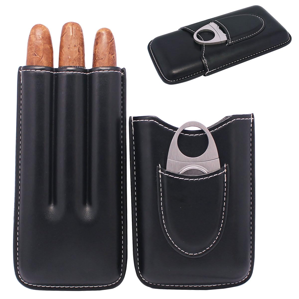 AMANCY Vintage 3-Finger Black Leather Travel Pocket - Fitable Cigar Holder Case, Sleek Cigar Travel Humidor with Stainless Steel Cutter