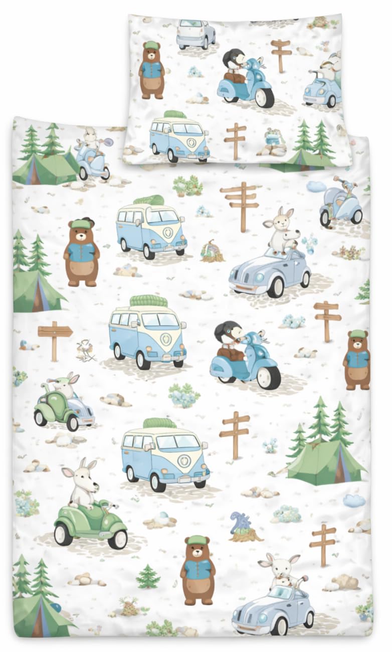 Baby Cot Bedding Set 120x90cm – 2pc Organic 100% Cotton Duvet Cover & Pillowcase for Cot Bed, Toddler, Breathable (Camping)