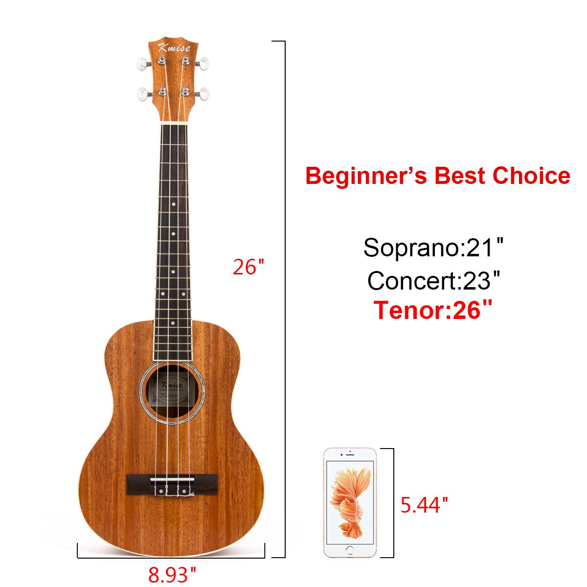 Kmise Laminiertes Mahagoni Decke Tenor Ukulele 66 cm Hawaii Gitarre Rosette Schallloch Abalone matt W/Tasche