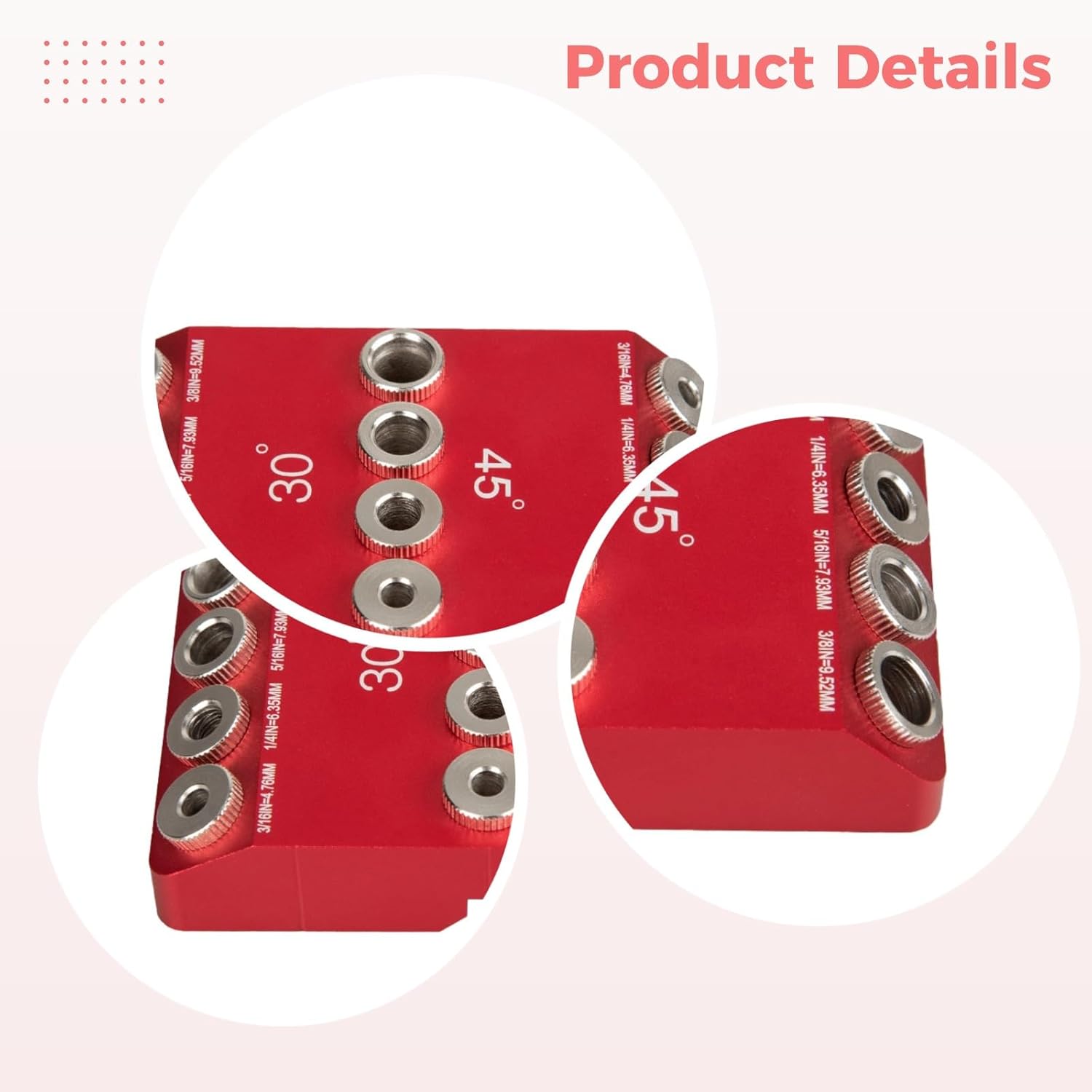 Drill Jig for Woodworking, 30 45 90 Degree Angle Drill Guide, Aluminum Alloy with V-Groove, Precise Hole Drilling, Includes 4 Detachable Drill Bushings, 4.2 X 2.7 X 1.1 in