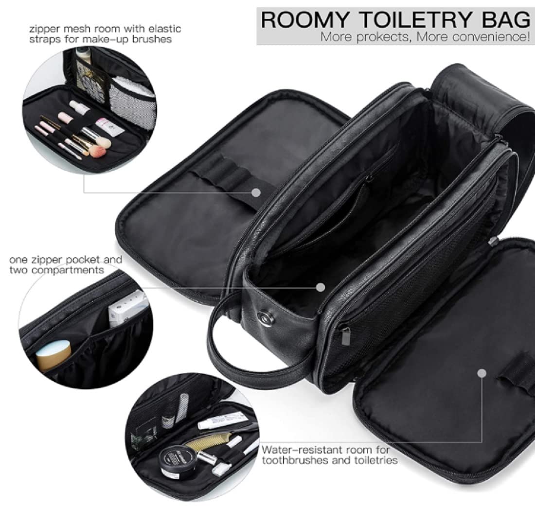 CONTACTS Neceser de piel sintética para hombres o mujeres | Kit Dopp para viajes | Organizador de artículos de aseo personal bolsa de cuero, negro, L, Accesorios de viaje