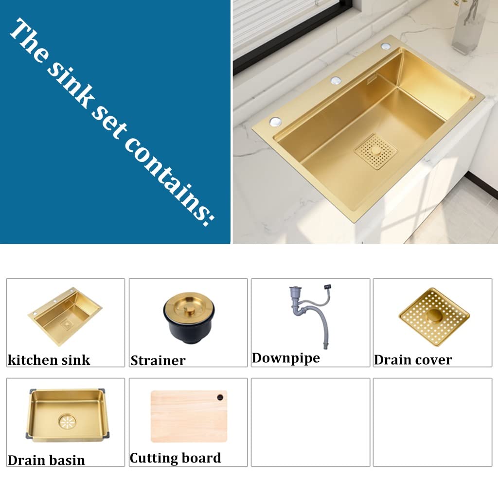 Arredamento per La Casa Lavelli da Cucina in Acciaio Inox Lavelli da Bar A Fessura Singola da Incasso O Sottotop con Gruppo di Scarico Piscina per Lavaggio,Gold-80x46x22cm