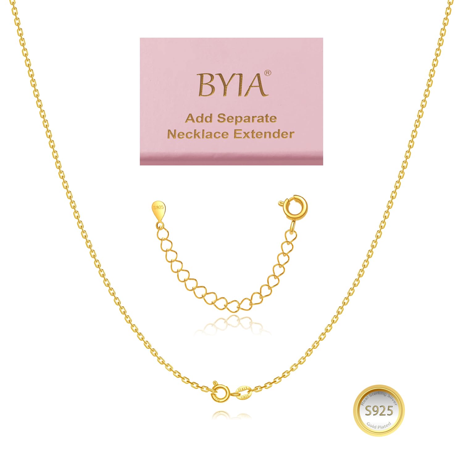 BYIA 925 Sterling Silver Necklace - 1.1mm Unisex Chain with Independent Adjustable 2'' Necklace Extender, Diamond Cut Cable Chain for Women and Men,