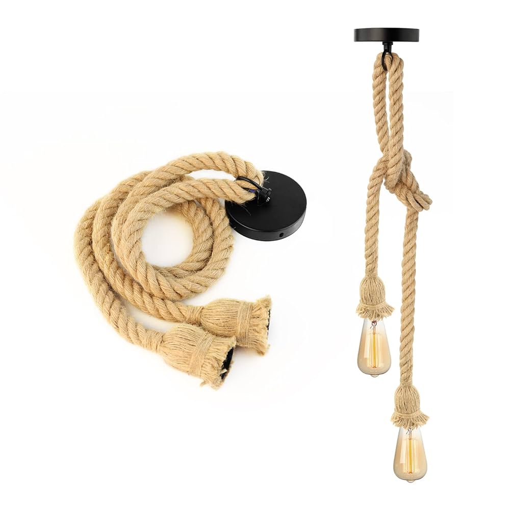 Lampada A Sospensione In Corda Di Canapa - Doppia Testa Vintage Per Bar E Casa
