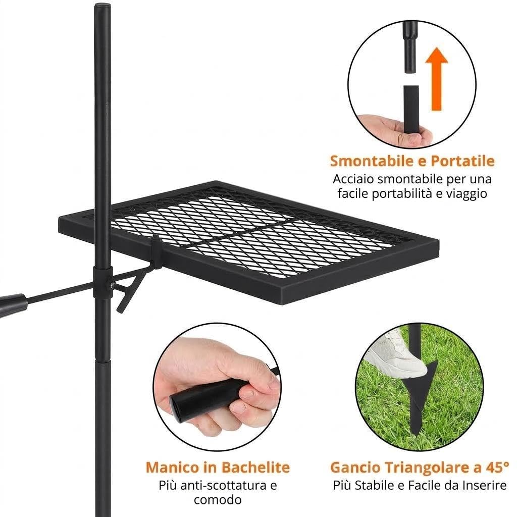 Garvee Griglia girevole da campeggio in acciaio pesante 360° - Altezza regolabile - Portatile per barbecue esterno - Borsa trasporto inclusa - 42x32cm, verticale, grill, set due pezzi 16.7x12.6cm