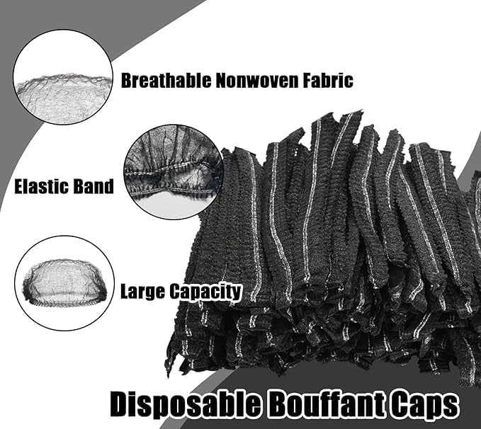 Image of KAUSTA Disposable Bouffant caps /Surgical Caps /Cooking Caps /Surgical Head Caps /Non Woven Head Caps, Pack Of 100pcs (18 inch) Medical Use Disposable Bouffant Caps Stretchable Hair Cover / Hair Net (Black)