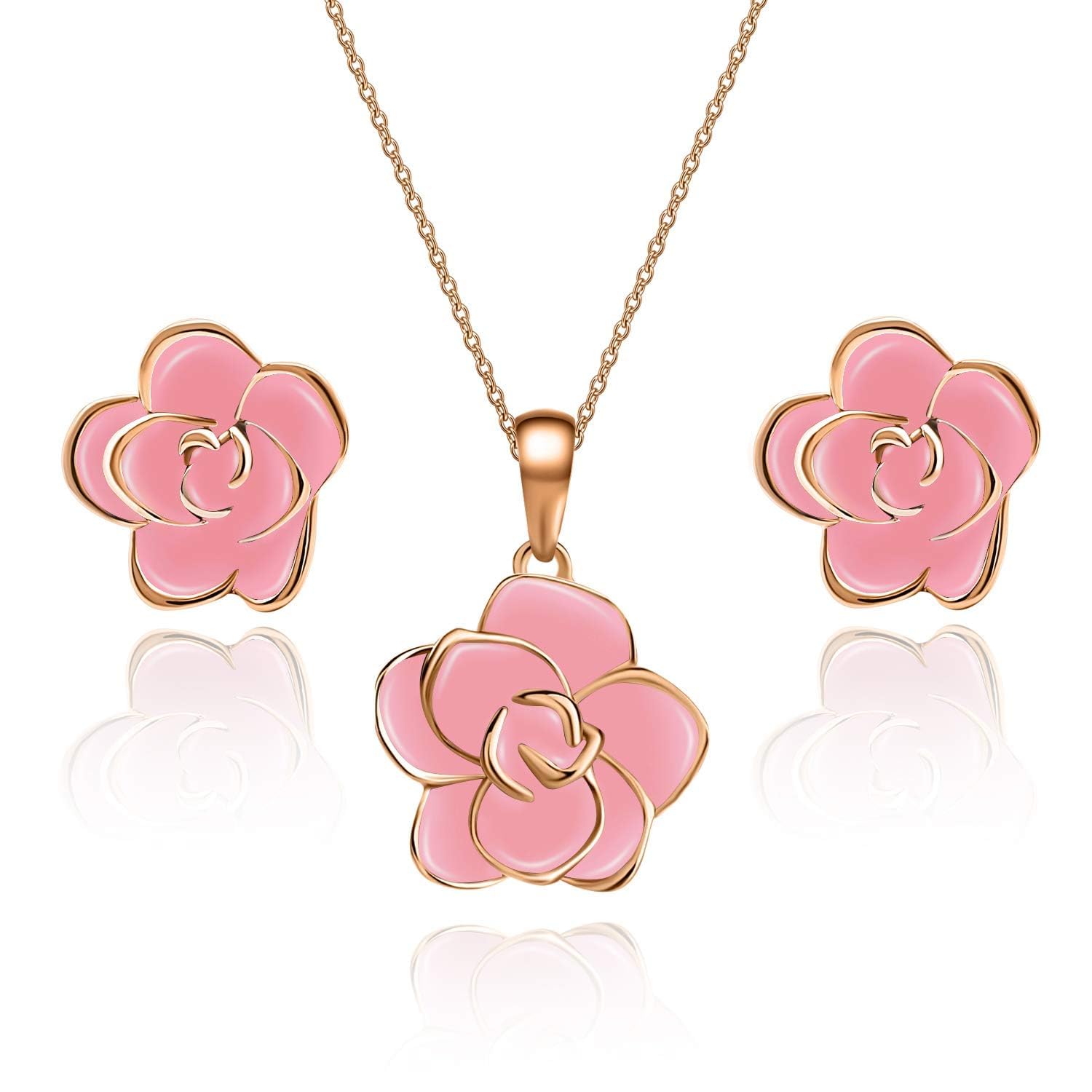 EVEVIC Rose Flower Necklace Earrings Set for Women 18K Gold Plated Hypoallergenic Jewelry Sets