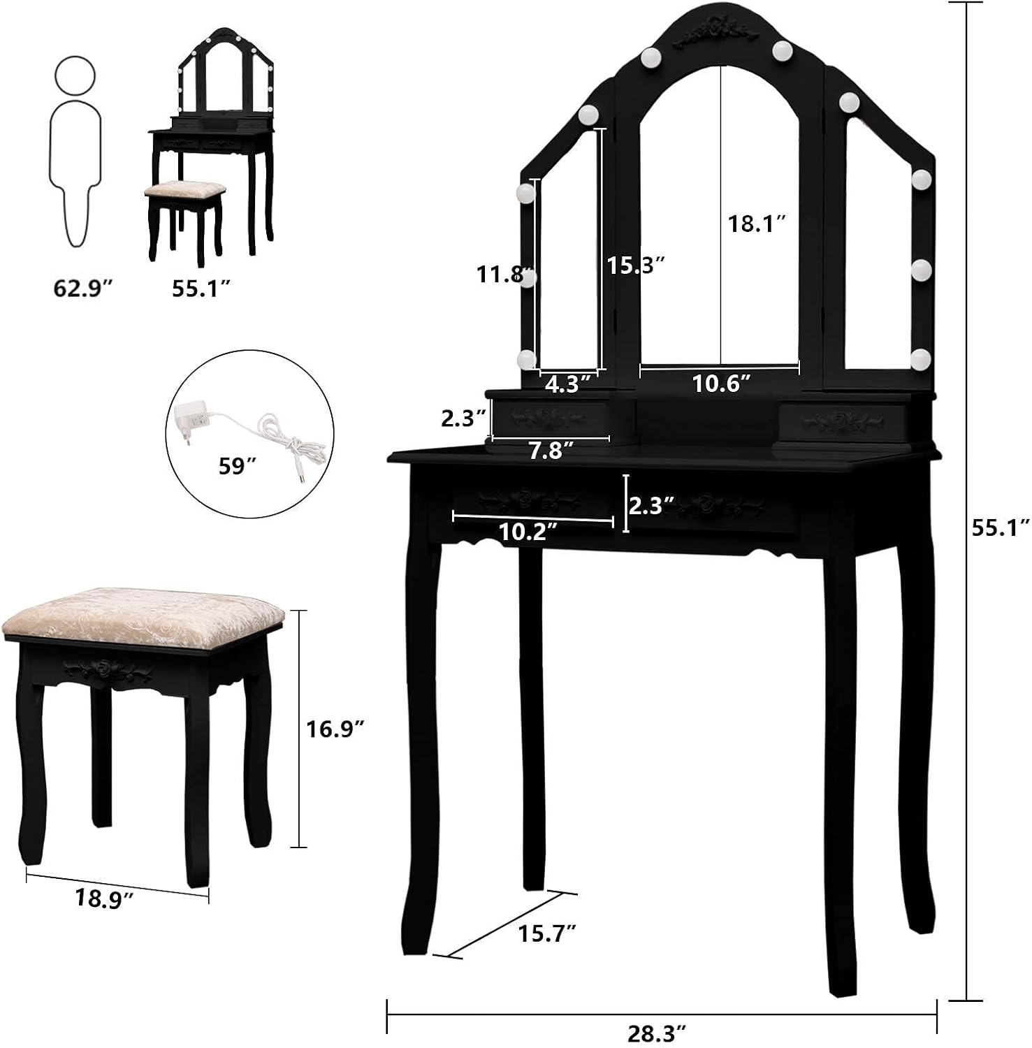C/N Dresser with Folding Mirror-Vanity Desk with Lighted Mirror,4 Drawers Makeup Table,Set Dressing Table with Cushioned Stool,Black : Home & Kitchen