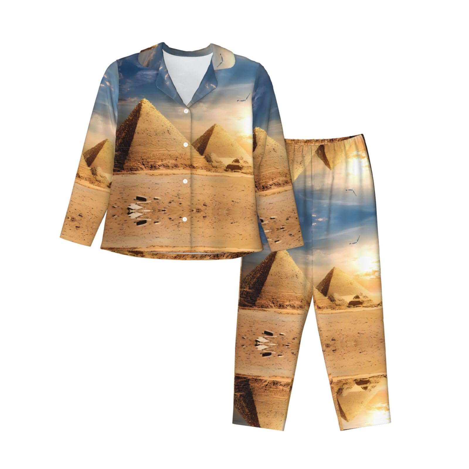 Pigiama da donna - Piramide egiziana con stampa deserto a maniche lunghe, traspirante e delicato sulla pelle, abbigliamento da casa per autunno e inverno