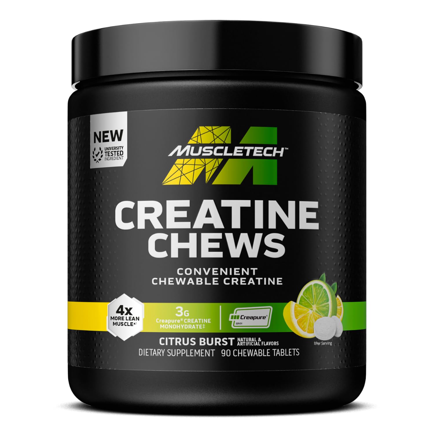 MuscleTech | Creatine Chews | Creapure Monohydrate Supplement for Muscle Recovery, Muscle Builder & Energy Boost | Pre Workout Supplement for Men & Women | Citrus Birst | 90 chewable Tablets
