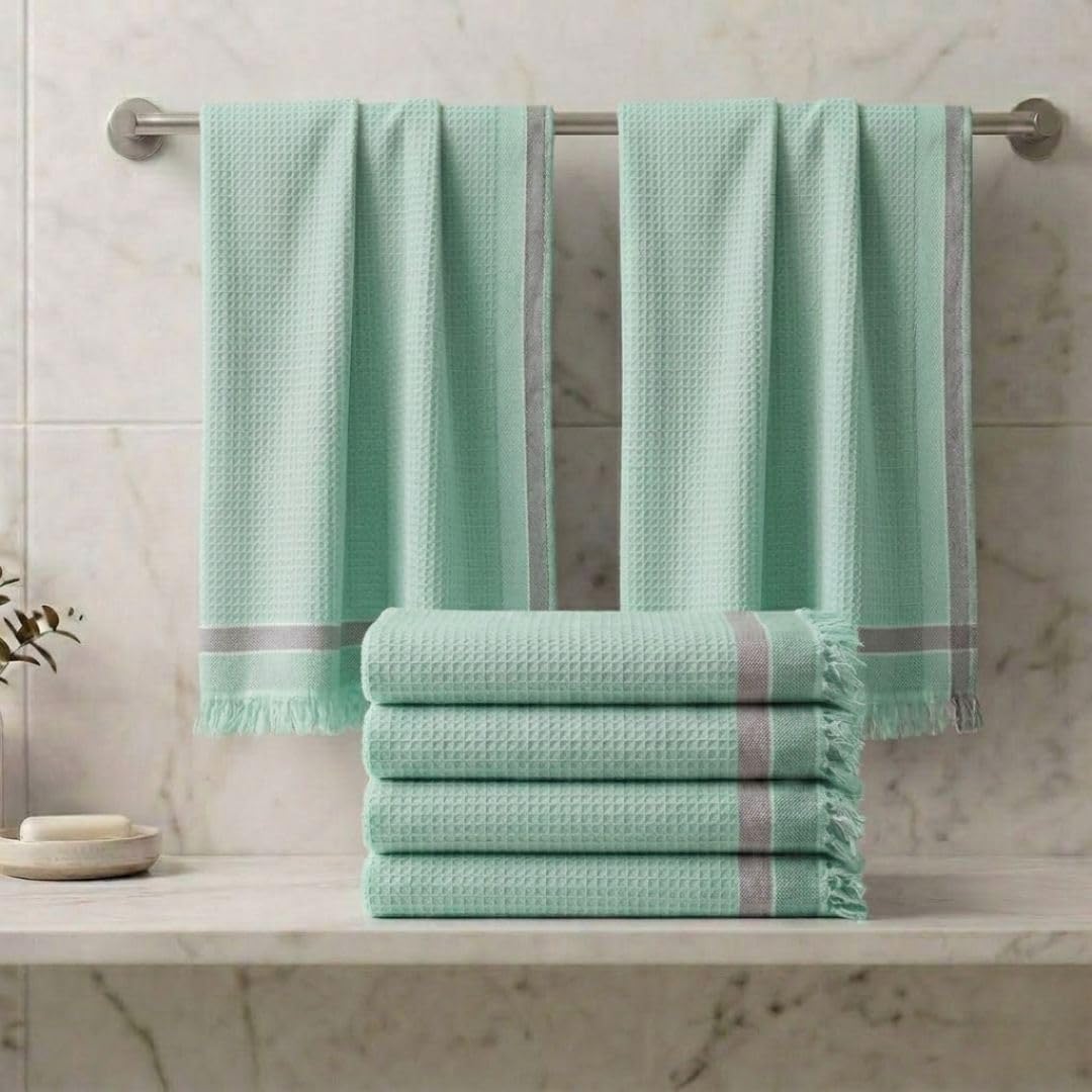 Athom Living Premium Cotton Bath Towel, Quick Dry, Ultra Soft, Highly Absorbent, Lightweight Waffle Border, Durable & Skin Friendly, Pack of 6 | Large Size 75x150 cm (White)
