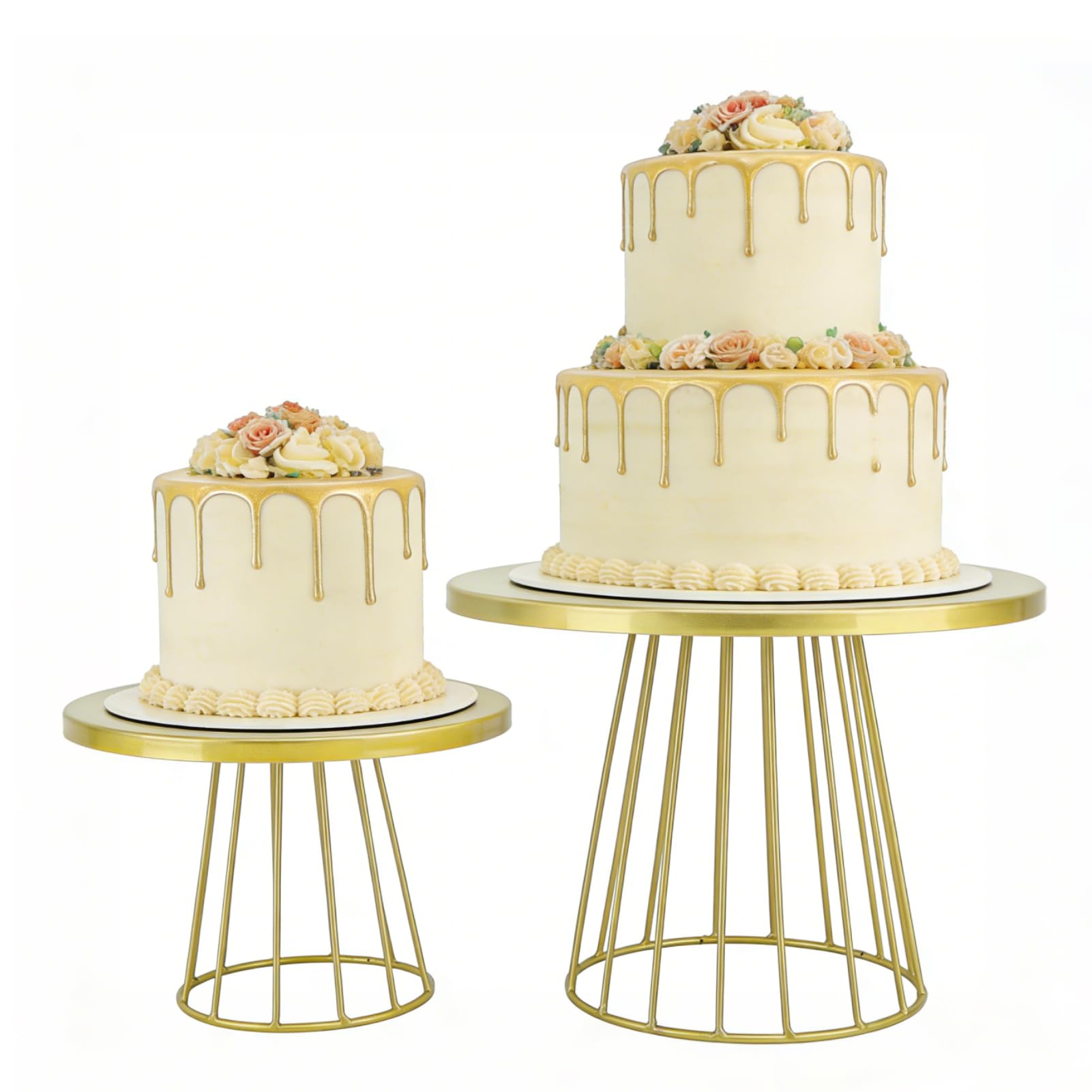 HERCHR Alzata per Torte Rotondo in Metallo, 2 pezzi Display Rotondo in Ferro Piatto da Portata Multifunzionale Portavivande Stile Vintage per Matrimoni, Compleanni, Feste (Oro)