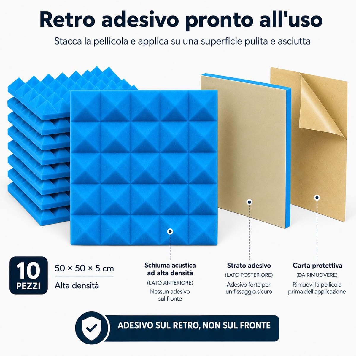 Pannelli Fonoassorbenti Blu 50X50X5Cm con Adesivo 10 Pezzi per Home Theater Studio Musica Registrazione Audio Riduzione Rumore Gaming Assorbimento Acustico Professionale