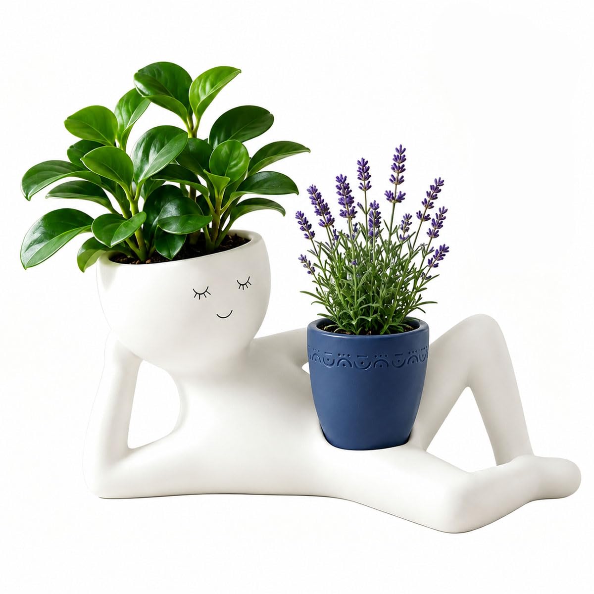 Ten Treasure Lazy Guy Planter, Funny Plant Pots For Indoor Plants, Double Flower Pot With Drainage For Plant Lovers Gift (Blue)