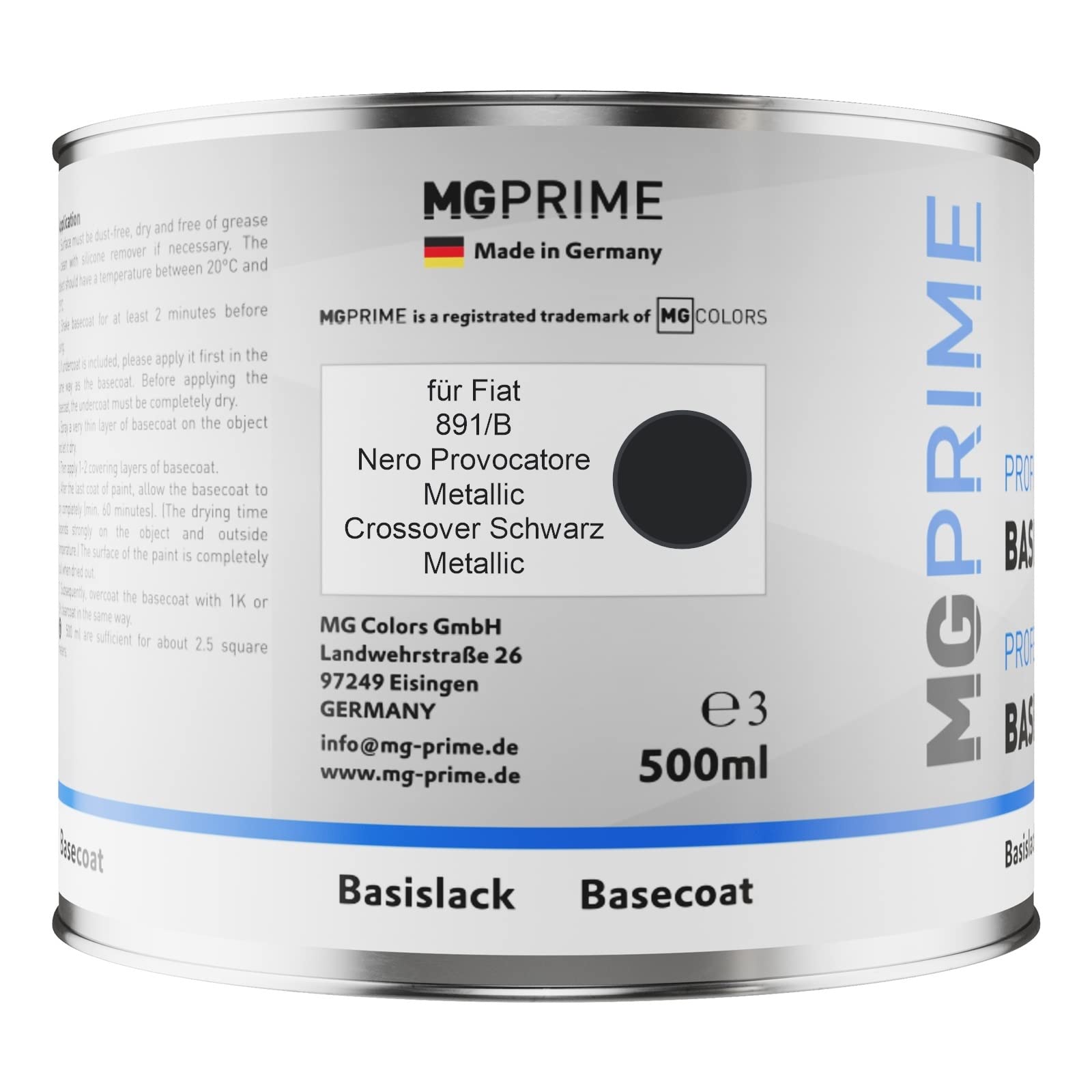 MG PRIME Vernice per auto Barattoli per Fiat 891/B Nero Provocatore. 1,25L | Crossover Black Metallic / Nero Provocatore Metallic, Kit vernice di base + trasparente 2K + indurente, pronto all'uso