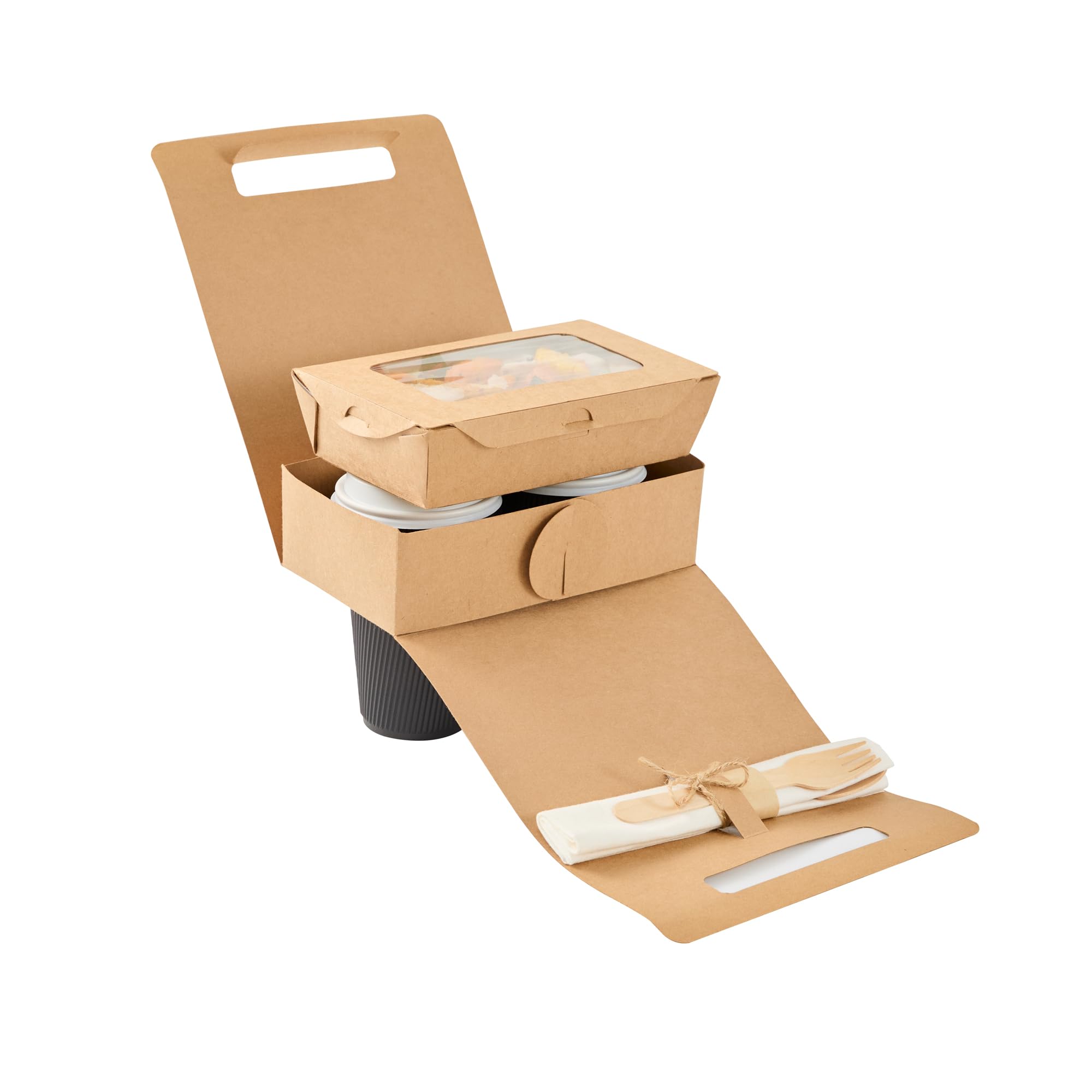 Restaurantware Bio Tek - Fiambreras de papel con asas, 100 recipientes desechables de papel kraft para alimentos, 21 x 10 x 20 cm, portavasos para utensilios de cocina, portadores de bebidas para