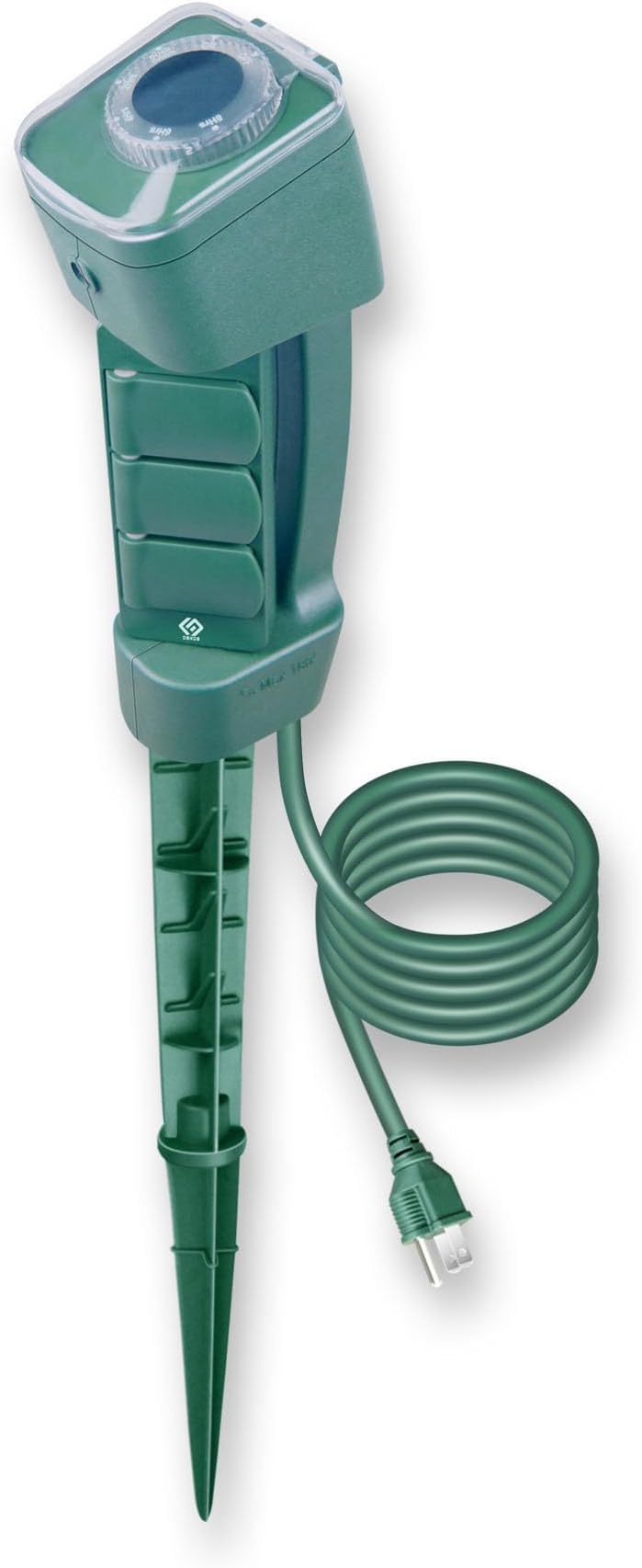 Outdoor Power Stake, 3 Grounded Outlets with 180° Rotating Function and Safety Cover and Photocell Timer 2/4/6/8 Hour Countdown, Dusk to Dawn, 6FT Cord, UL Listed, Green
