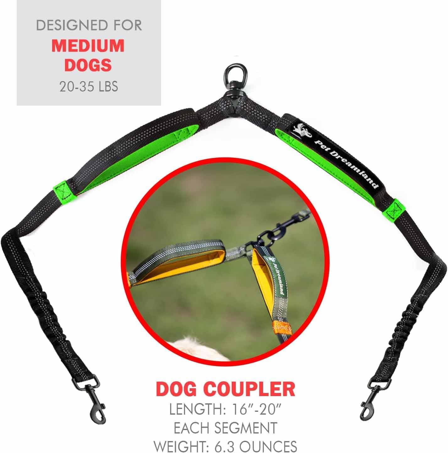 Bundle of Exquisite Hands Free Dog Leash for Medium Dogs (Long - Black & Green) + Dog Coupler 360 Leash Splitter for Medium Dogs (Green) + Collar (Small)