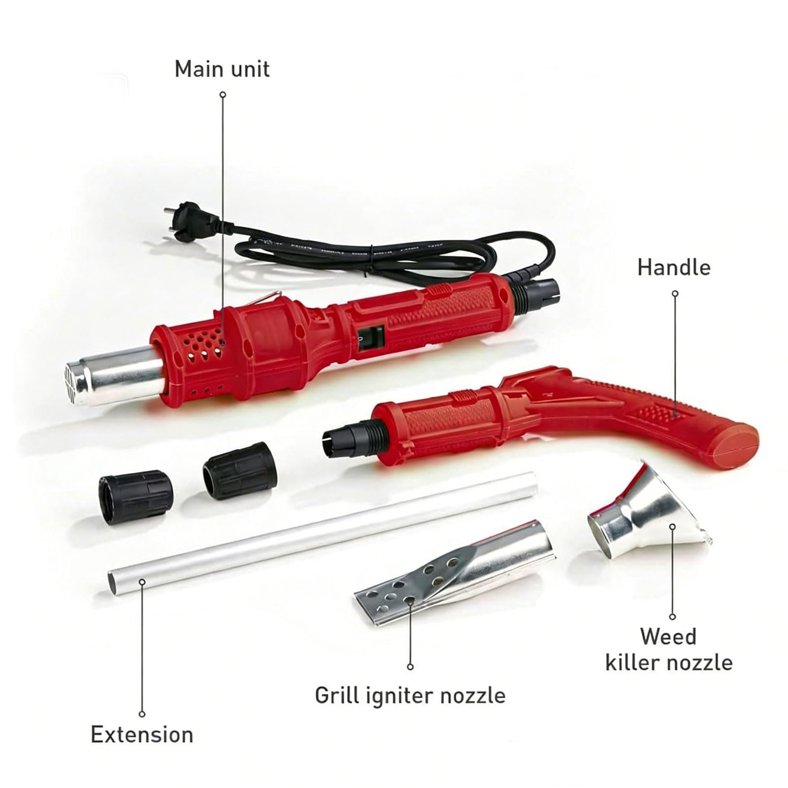 Bruciatore elettrico per erbacce, 2000 W, portatile, professionale, con 2 ugelli, temperatura massima 650 °C, flusso d'aria 500 l/min, per prato, sentieri, barbecue e tetti