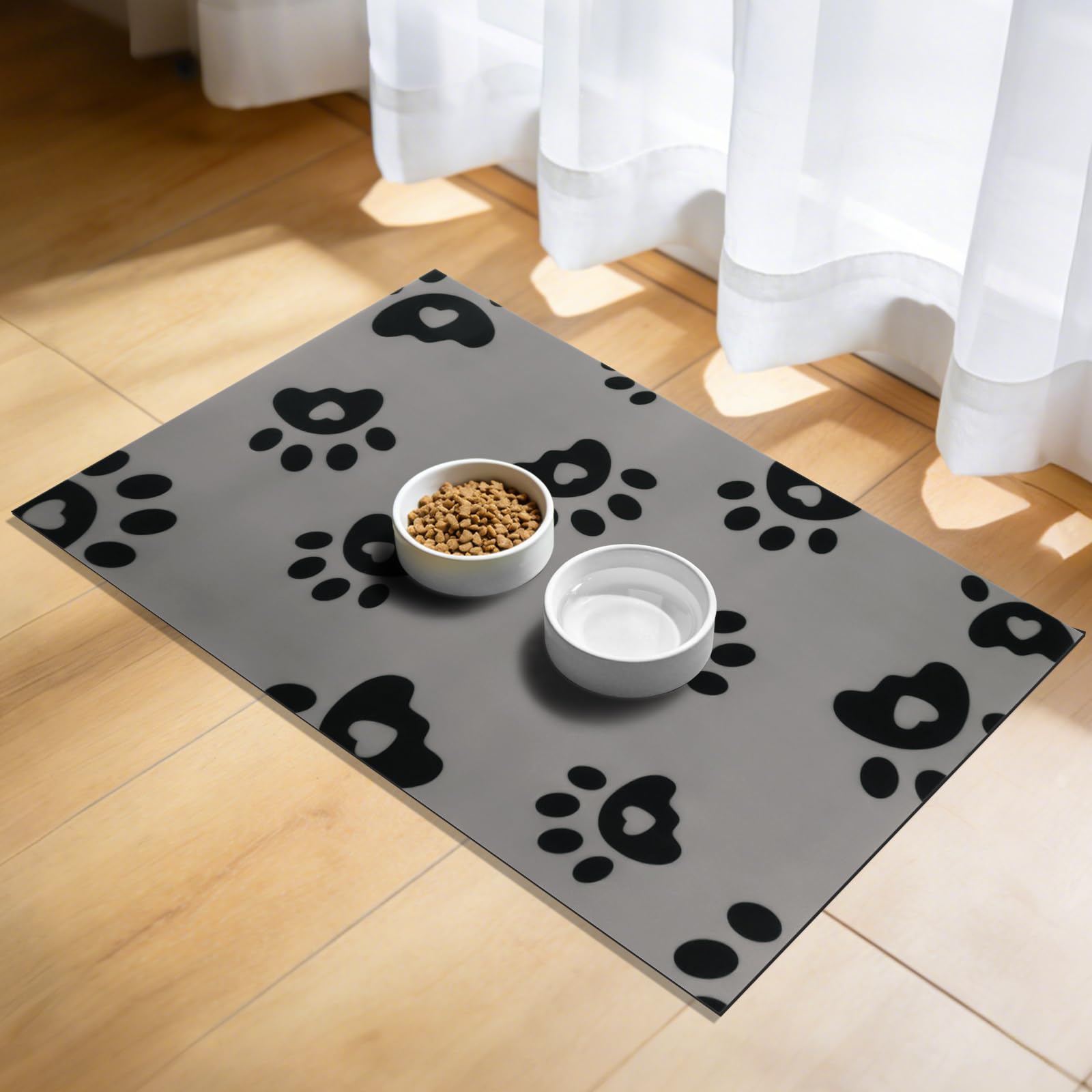 APXEL Pet Feeding Mat 30x50cm, Absorbent Dog Placemat for Food and Water Bowl, Rubber Backing Waterproof No Stains Quick Dry Non Slip Cat Food Bowl Mats, Multiple Paws (Gray)