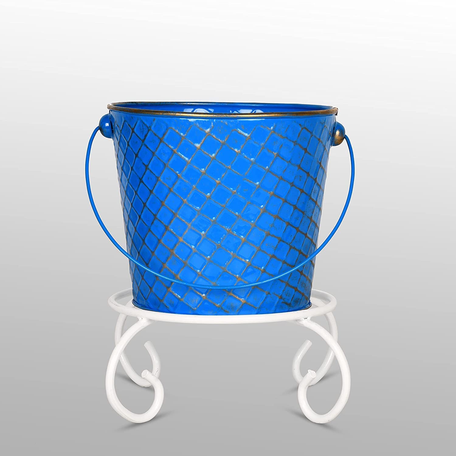 Buy HINS Metal Blue Bucket Round Shape Flower & Pot With White Stand