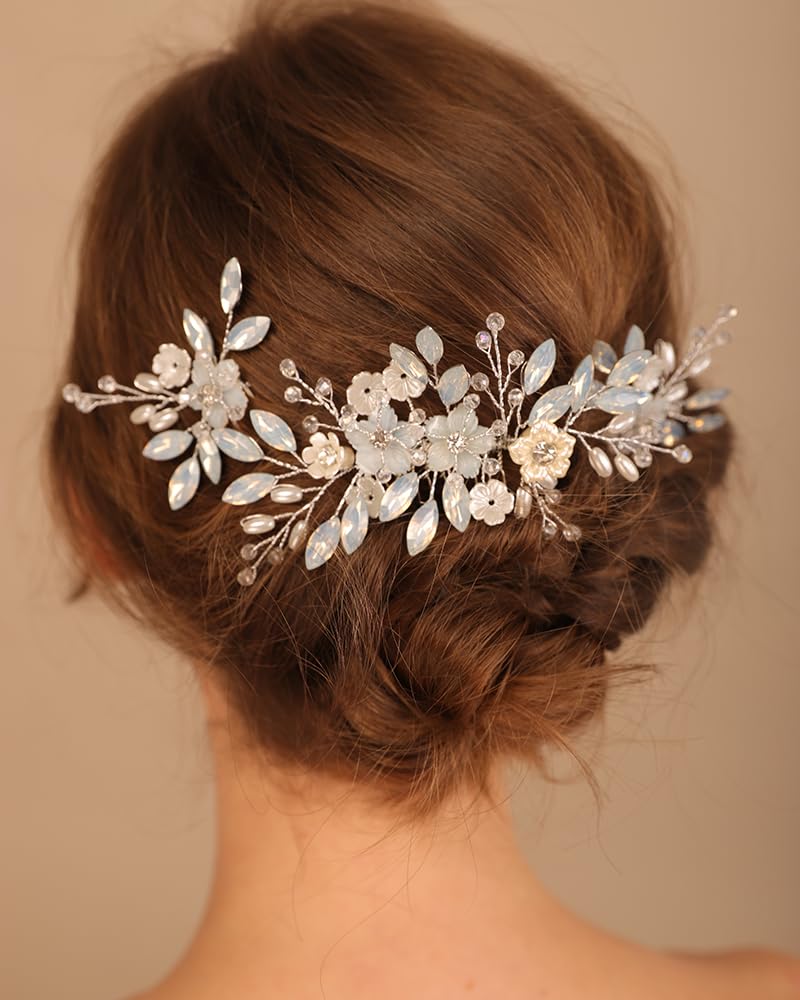 Rumtock Opal Crystal Beads Silver Hair Comb Hair Pins Set for Wedding Brides Women Banquet Dancing Ball Handmade Hair Piece (Silver)