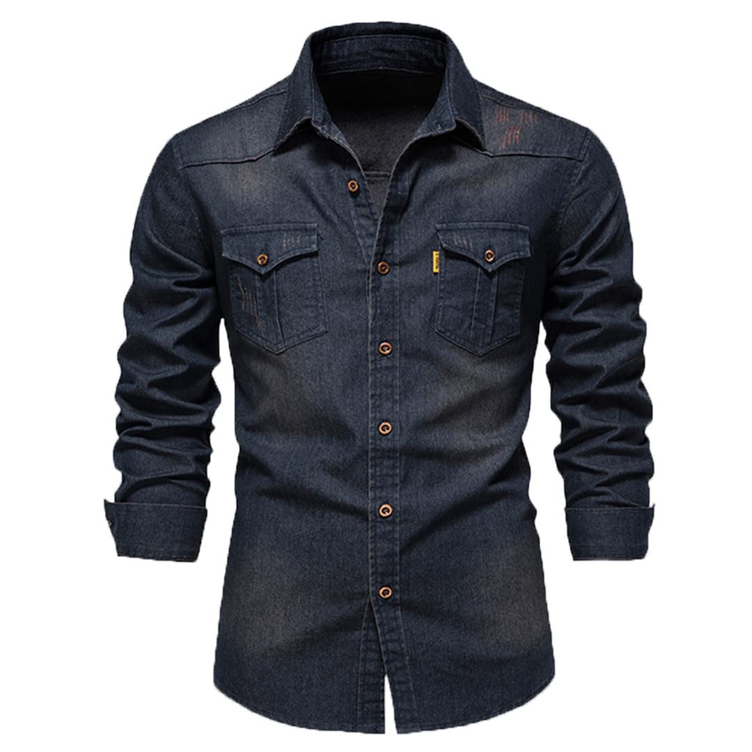 Camisas Vaqueras de algodón 100% para Hombre, Camisa Vaquera de Manga Larga de Color sólido Ajustada, Camisa de Primavera