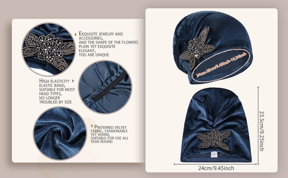 Women's Stretch Velvet Turban Hat Cancer Chemo Beanie Beaded Flower Hair Wrap Cap Headwear - Image 4