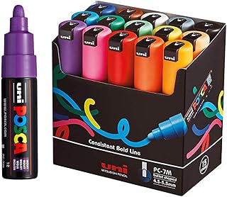 POSCA, UNI, Caneta Marcador PC-7M, Ponta Bullet Bold, traço de 4,5mm a 5,5mm,Preta, Estojo 15 Cores