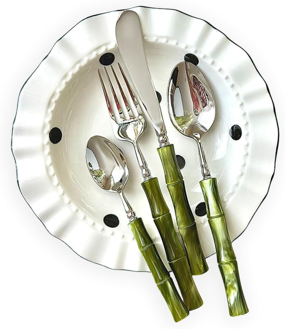 4-Piece Bamboo Design Silverware Set for 1 - Elegant 18/10 Stainless Steel with Acrylic Handle Flatware Cutlery for 1 - Premium Kitchen Utensil Dinnerware - Dishwasher Safe Tableware