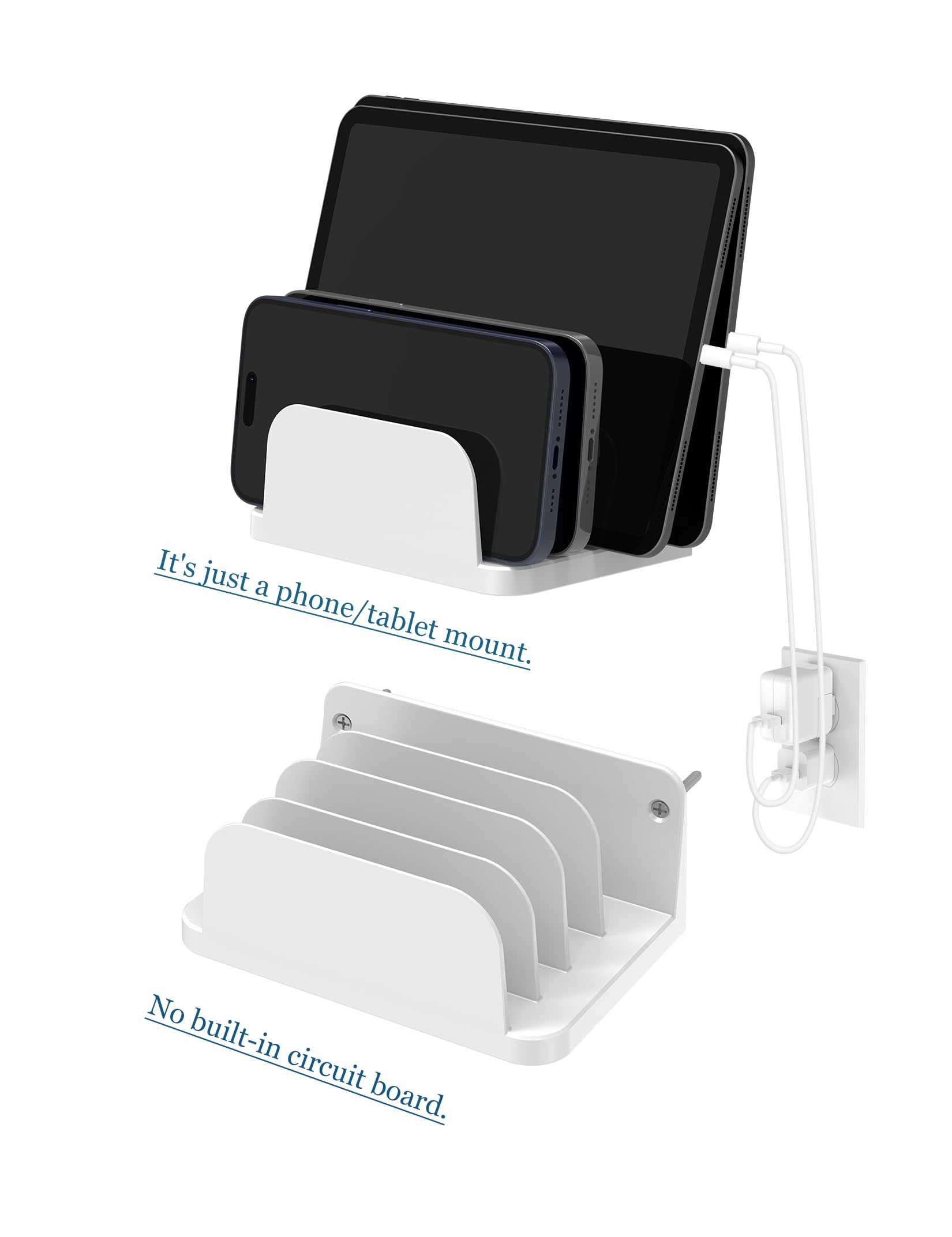 Soporte de pared para teléfonos inteligentes y tabletas, estante para teléfono con estación de acoplamiento de 4 ranuras para tablet, iPad, organizador de carga de pared Kindle (blanco)