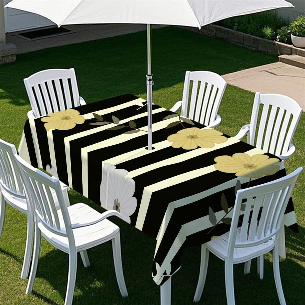 Odot 3D Vertical Stripes Tablecloths Rectangular Waterproof with Umbrella Parasol Hole and Zipper, Table Cover Wipe Clean Garden Outdoor Table Cloth for Garden Party (Black,213x152cm)