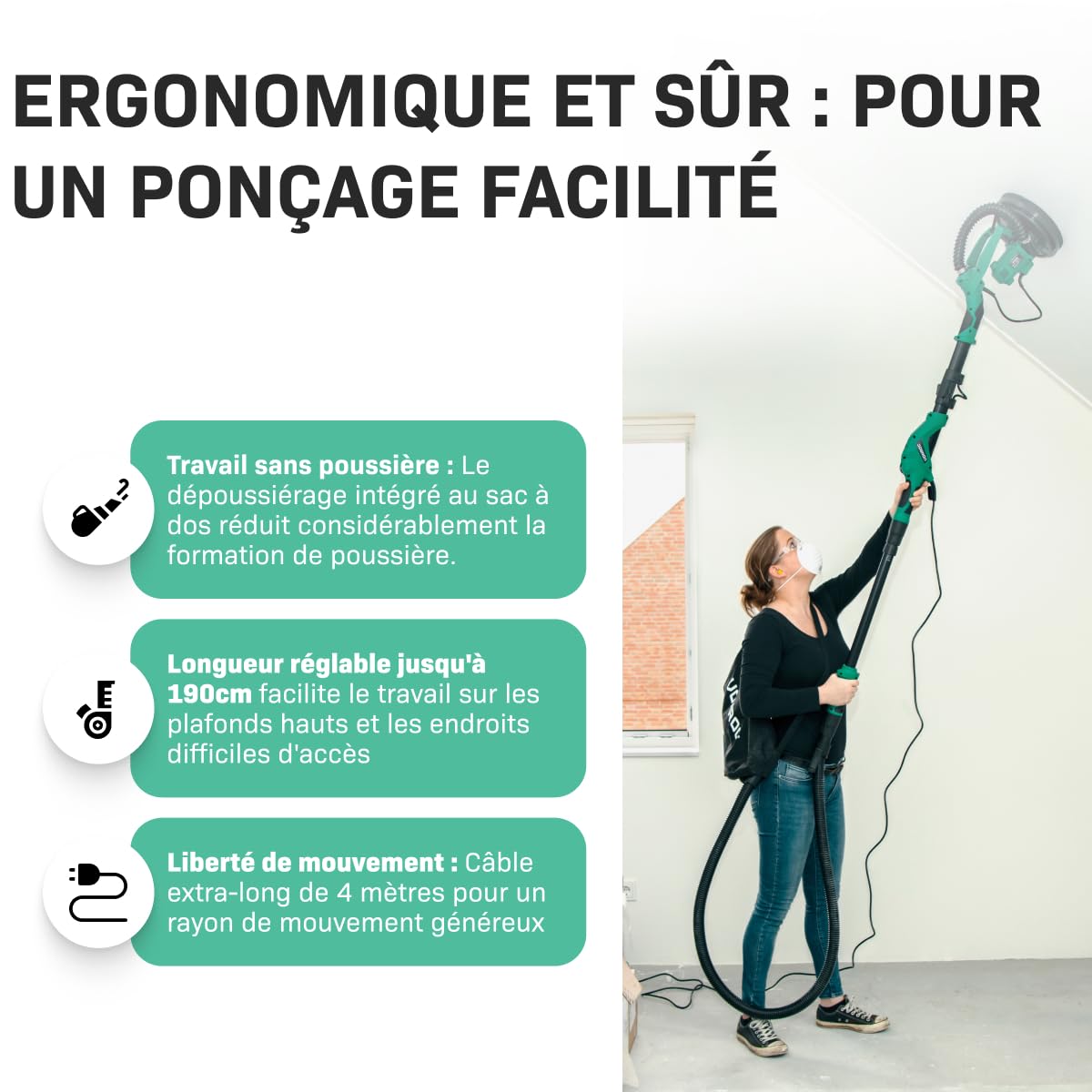 Ponceuse Girafe 1050W - Kit Professionnel Complet Nettoyage, 6 Papiers Abrasifs, Tuyau pour Aspirer Poussière - Ponceuse Mur et Plafond - Câble 4 Mètres, Tête Pivotante - Pour un Résultat Lisse