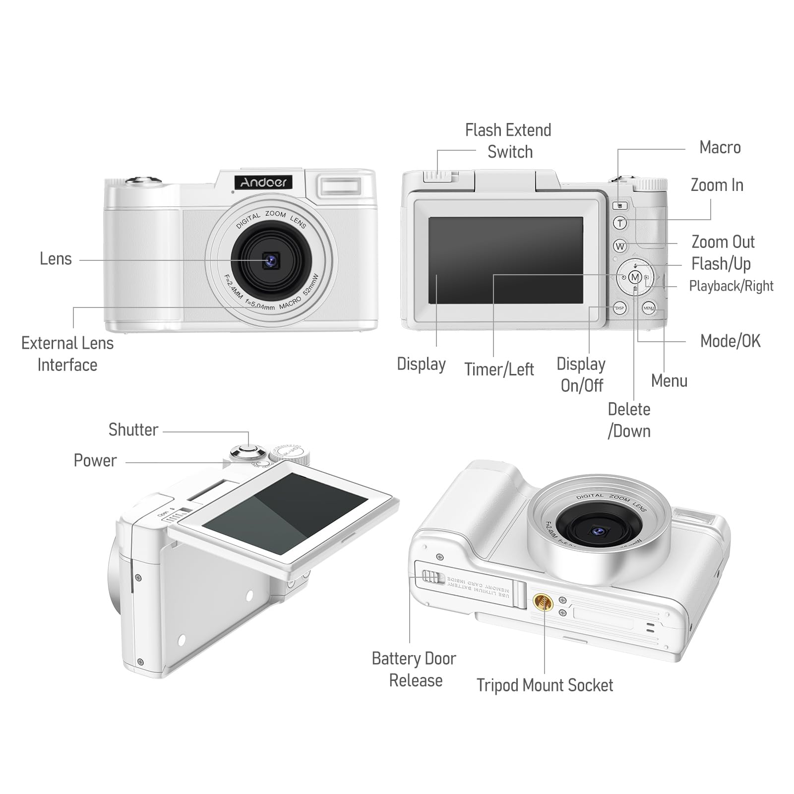 Andoer Cámara Digital Compacta, 48MP 4K Cámara Fotos con Pantalla giratoria TFT de 3,0 Pulgadas, cámara de Fotos con Zoom Digital de 16, Tarjeta 32GB para Niños, Principiantes, Adulto