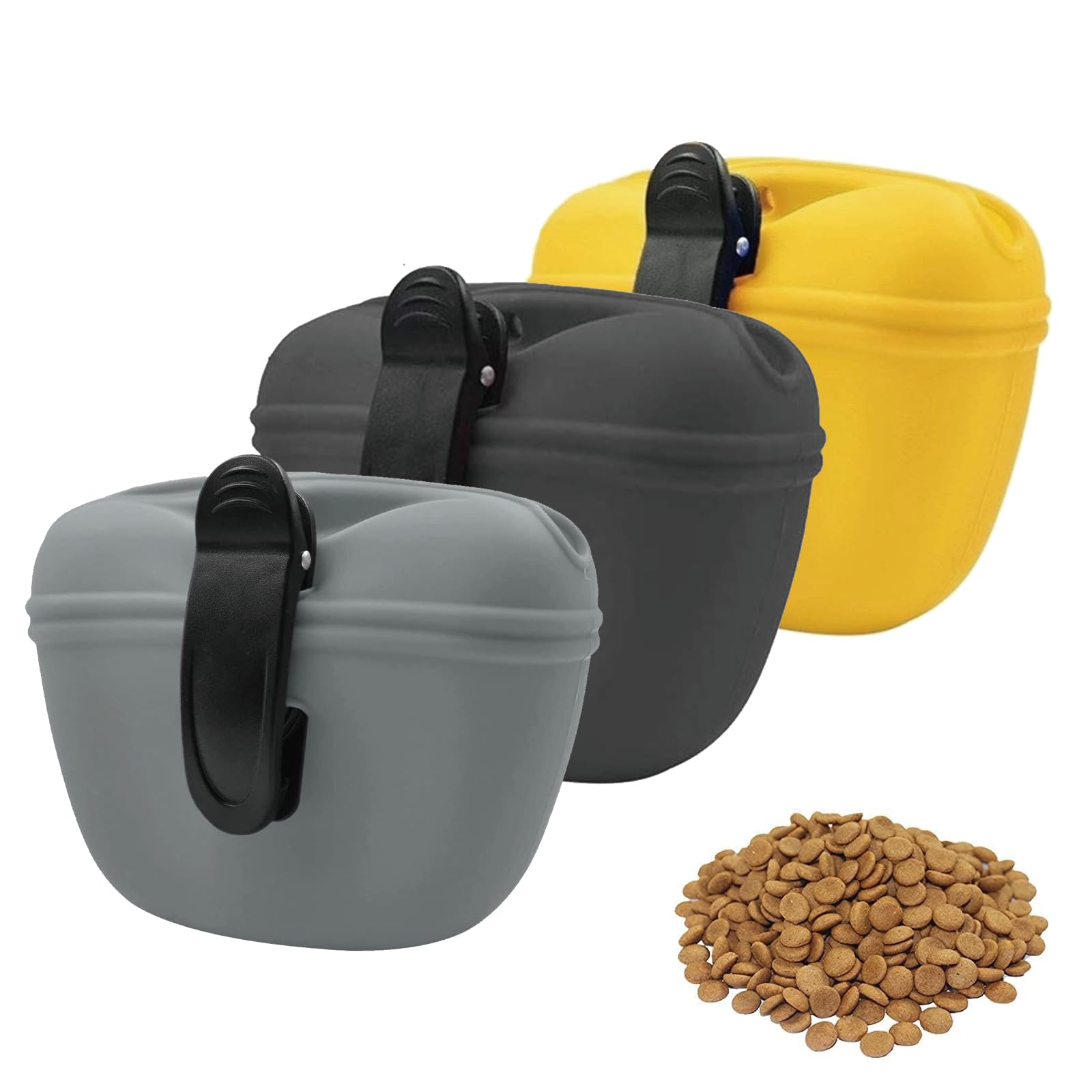 3 Stück Futterbeutel Hundetraining, Leckerlitasche Für Hunde Mit Clip, Silikon Futterbeutel Hund Für Outdoor Und Spaziergänge, Schwarz Grau Gelb