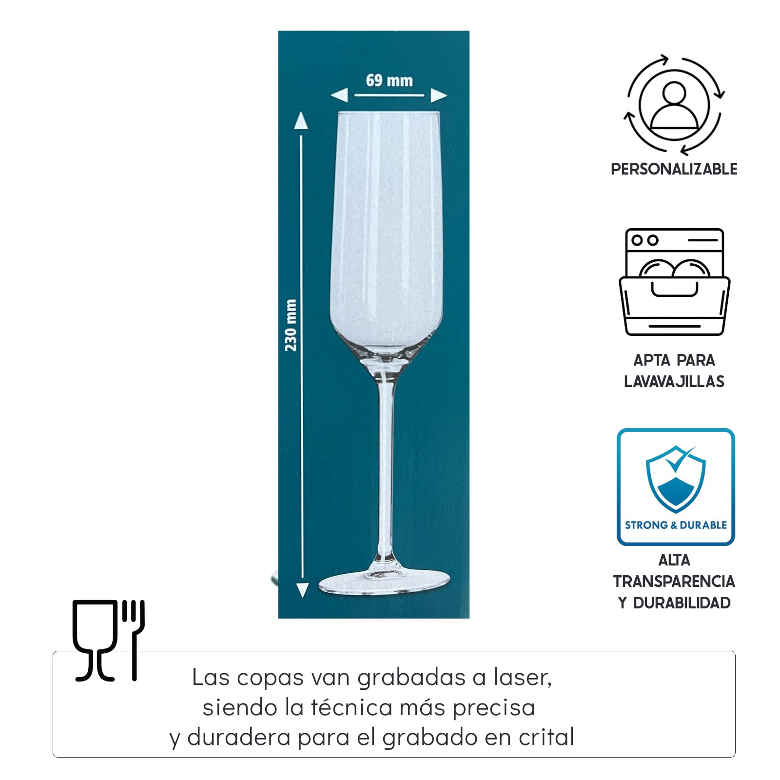 Pack de dos copas de cava personalizadas de cristal con caja - 21cl - Copas champán personalizadas para novios - Regalo de Boda, Celebraciones, Bodas de Oro o Bodas de Plata