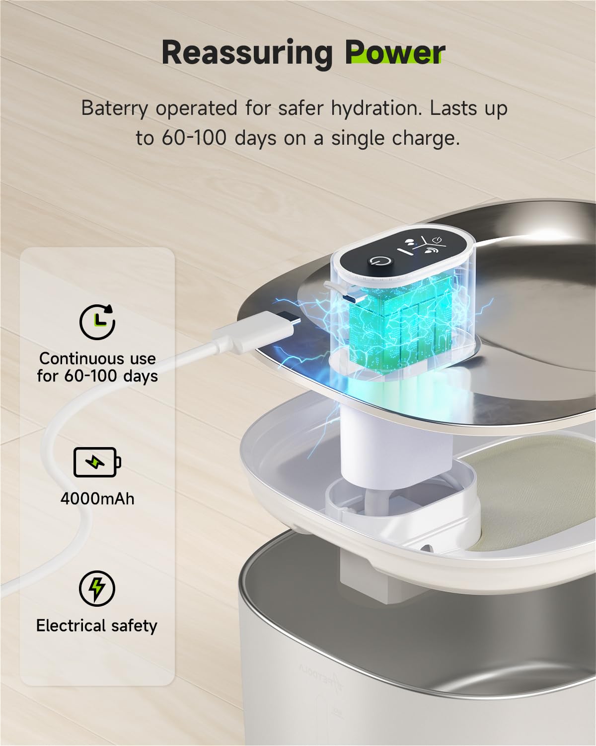 Fontana per Gatti Senza Fili con Rilevatore di Movimento, APETDOLA 4L Fontanella in Acciaio Inossidabile Cordless con Batteria 4000 mAh, Fontana Ultra Silenziosa per Gatti FS10pro (Bianco, 1 filtri)