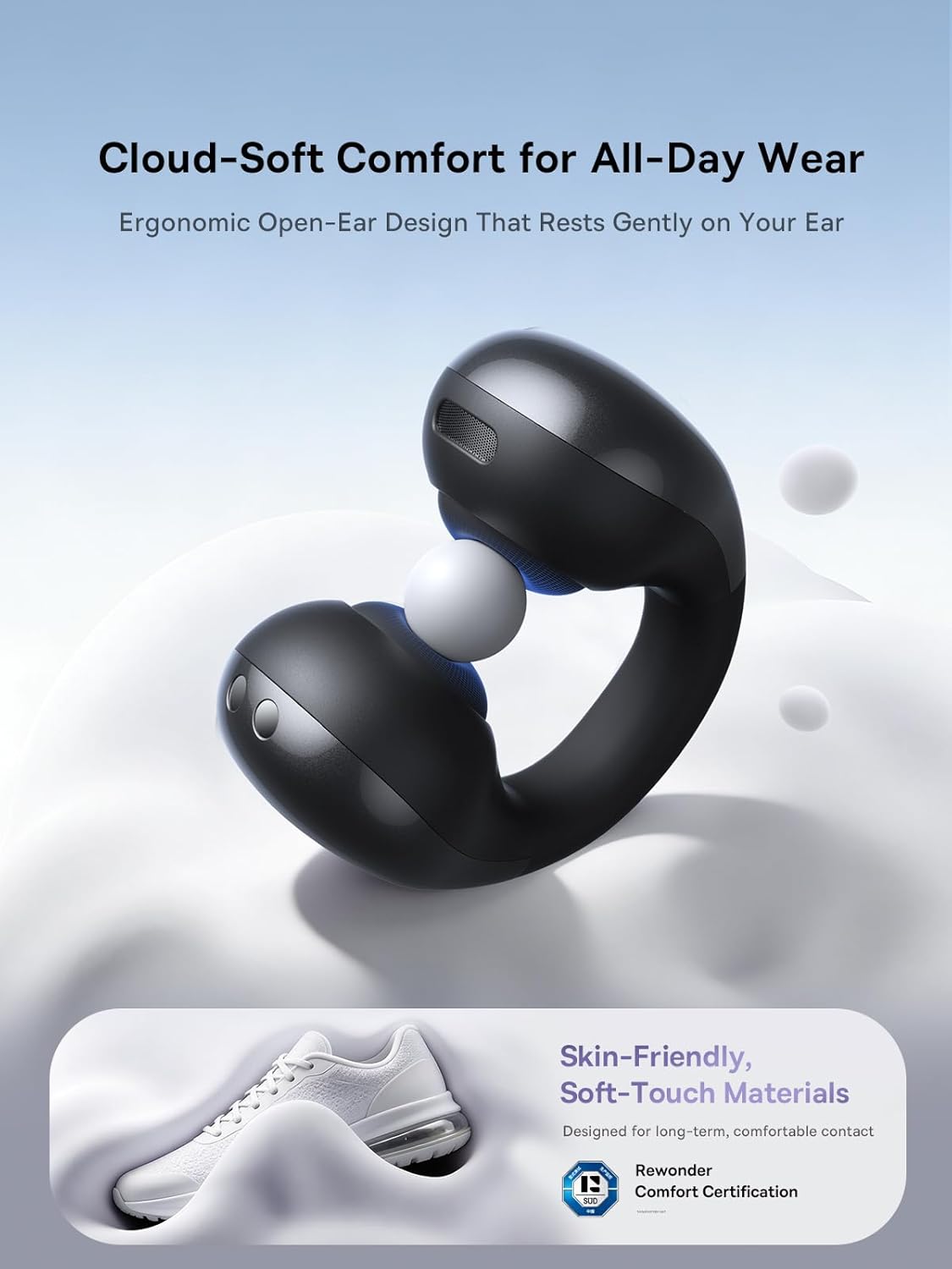 REWONDER Open-Ear Clip-On Earbuds with Air-Cushion Comfort, Wireless 6.0 Headphones, 40H Playtime, IPX4 Waterproof, Lightweight Ear Clips for Small Ears, Sports, Workouts & Daily Use, Black