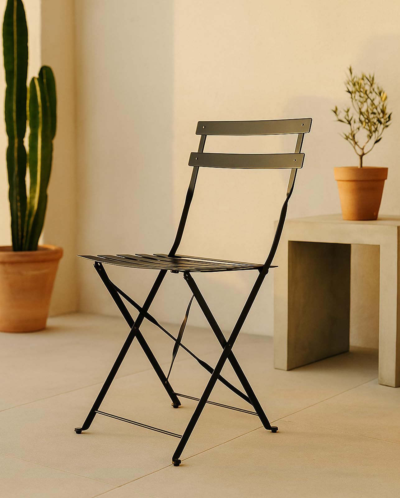 Vaukura Silla Exterior Plegable de Acero Resistente para jardín, terraza, Patio o balcón – Diseño bistrot Estilo Moderno – Acabado anticorrosivo – Negra, Blanca o Verde Oliva – Modelo Aime (Negro)