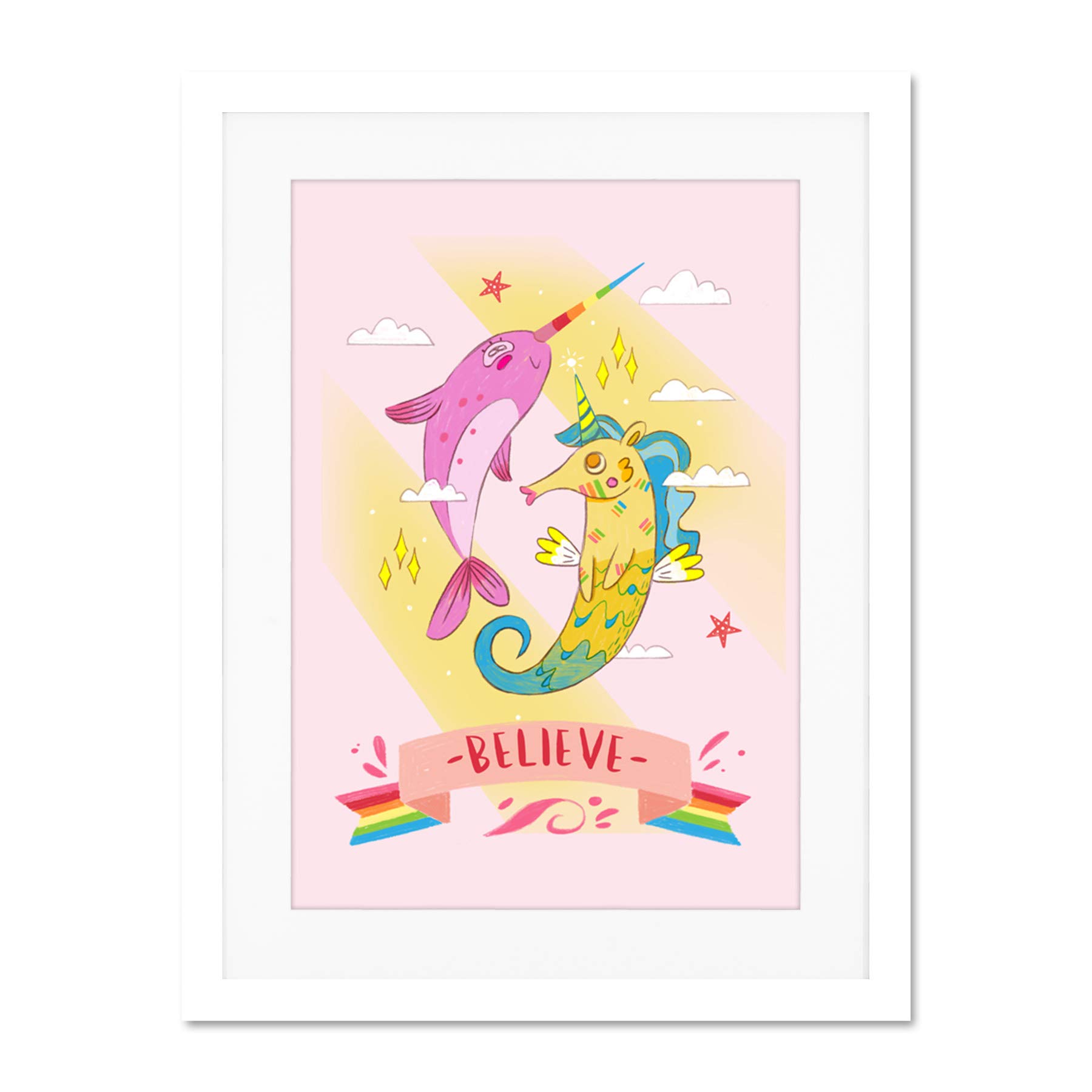Wee Blue Coo Unicorn Seahorse Narwhal Believe Large Framed Art Print Wall Poster 18x24 inch
